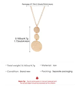 Detailed specifications of geometric metal disc necklace with length and weight.