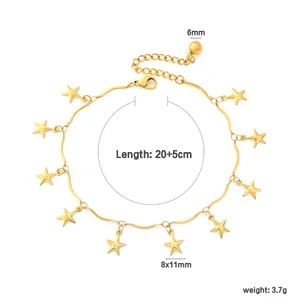 Detailed view of gold stainless steel star charm anklet with measurement labels