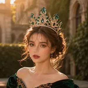Detail view of a luxury vintage baroque bridal crown with emerald green crystals on a model