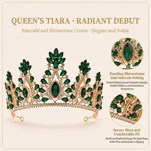 Close-up detail of Baroque emerald bridal tiara with intricate golden rhinestone settings