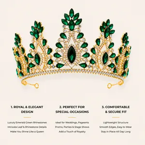 Detailed view of baroque bridal tiara with emerald green rhinestones and leaf motifs