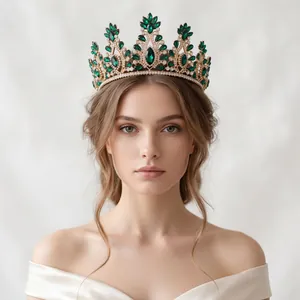 Elegant Baroque bridal crown with emerald green crystals for wedding and pageant events.