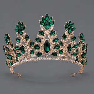 Vintage Baroque bridal tiara with emerald green crystals and rhinestones in gold alloy