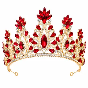 Elegant Baroque bridal retro crown with red and clear rhinestones for weddings and pageants.
