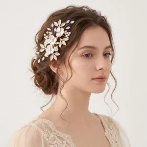 Close-up of elegant handmade flower hair clip with pearls and rhinestones on styled hair
