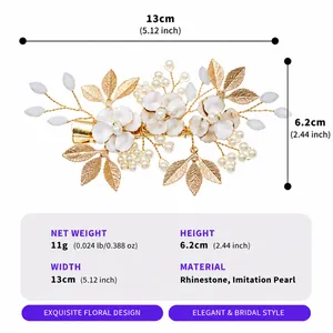 Detailed macro view of handmade bridal floral hair clip with rhinestones and imitation pearls