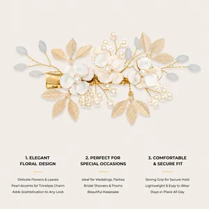Detailed shot of an elegant handmade bridal hair clip with pearl and floral accents