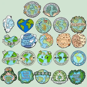 Collection of green environmental theme enamel pins featuring cute Earth and cat designs.