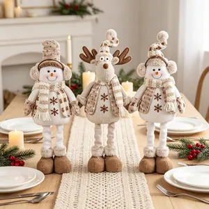 Standing Christmas plush dolls featuring snowmen and reindeer for festive table decor