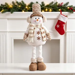 Standing Christmas snowman plush with telescopic legs and cozy earmuffs