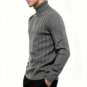 Detailed side view of grey ribbed turtleneck sweater showing fine knit texture and fit