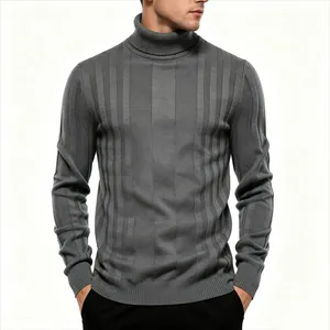Close-up detail of men's grey turtleneck knit sweater with vertical rib texture