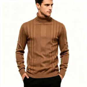 Detailed view of a men's brown ribbed turtleneck sweater featuring premium knit texture