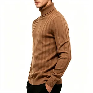 Close-up side view showing the vertical rib texture of a men's brown turtleneck sweater