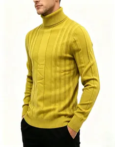 Detail view of men's mustard yellow ribbed turtleneck sweater with soft knit texture