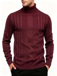 Close-up of men's burgundy turtleneck sweater with vertical ribbed knit texture
