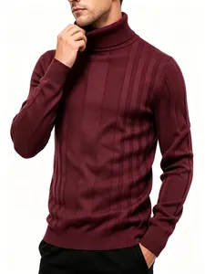Men's casual ribbed knit turtleneck sweater base layer in burgundy, close-up fit detail.