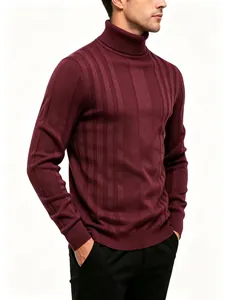 Detailed shot of burgundy men's turtleneck sweater showing vertical ribbed knit texture