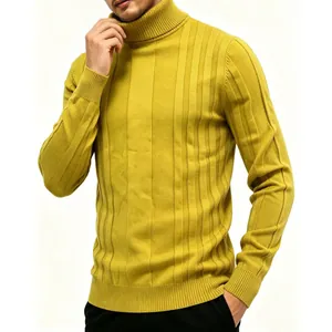 Mustard yellow men's ribbed turtleneck knit sweater slim fit casual pullover top