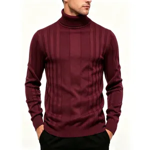 Men's slim fit turtleneck ribbed knit sweater in burgundy for autumn