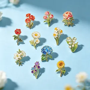 Colorful plant floral enamel pin set featuring rose, sunflower, lily of the valley.