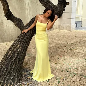 Backless Spaghetti Strap Maxi Dress Polyester Spandex Satin Ruched Fishtail Slim Fit Formal Evening Party Wedding For Women