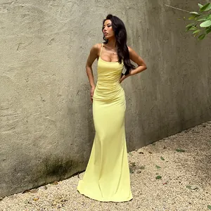 Elegant yellow French style backless camisole maxi dress with fishbone slim fit design