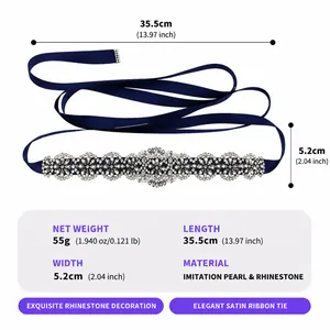 Detailed dimensions of bridal sash featuring hand-sewn rhinestones and navy satin ribbon