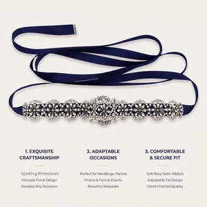 Detailed features of navy blue satin bridal sash with exquisite rhinestone floral design