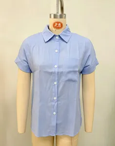 Front view of women's light blue linen shirt featuring short sleeves and a single pocket