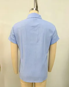 Detailed back view of a light blue linen short-sleeved casual loose shirt for women