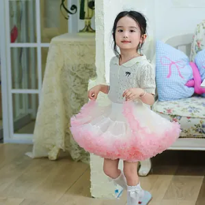 Adorable little girl wearing a fluffy pink and white tiered mesh tutu skirt
