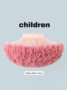 Children's fluffy peach mesh tutu skirt with extra volume and layered ruffles