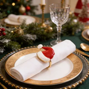 Festive Santa hat napkin ring with red enamel and gold finish on dining table