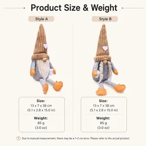 Size and weight details for Style A and Style B plush gnome holiday decorations