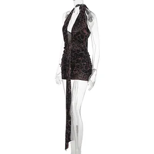 Detailed side view of sexy leopard print halter neck backless mini dress with ruched design