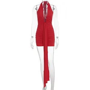 Elegant red halter neck deep V-neck ruched mini dress for vacation and banquet parties.