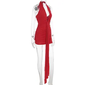 Sexy red halter neck mini dress with deep V-neck and decorative long front sash detail