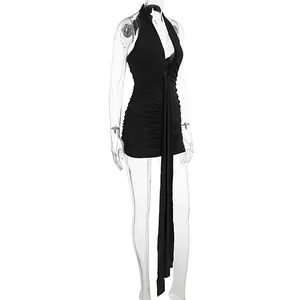 Detailed side view of a black halter neck deep V-neck ruched bodycon mini dress
