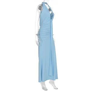 Elegant light blue halter neck maxi dress featuring a deep V-neck and stylish ruched details