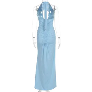 Back view of elegant light blue halter backless maxi dress with ruched detail.