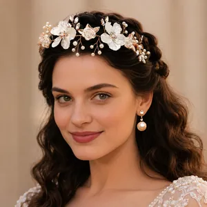 Elegant bridal floral headband with white pearls and matching drop earrings detail