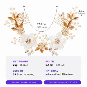 Detailed dimensions of handmade floral bridal hair comb with pearls and rhinestones