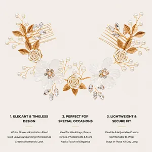 Detail view of handmade pearl flower hair comb for wedding with English descriptions