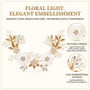 Exquisite detail view of handmade floral hair combs featuring pearls and crystal rhinestones.