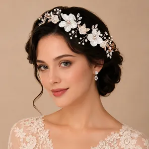 Handmade White Flower Gold Leaf Bridal Hair Comb Rhinestone Artificial Pearl Wedding Headband For Women Jewelry Accessories