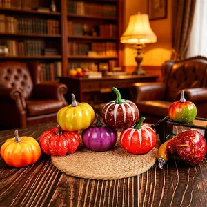 Colorful foam decorative pumpkins for Thanksgiving and Harvest festival table decor.