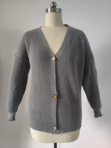 Close-up of a grey oversized chunky knit V-neck cardigan shown on a dress form mannequin.