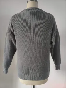 Detailed back view of a cozy gray loose-fit ribbed knit sweater for autumn winter.