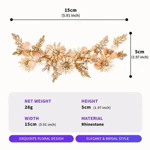 Detailed specifications for an exquisite bridal hair comb with gold leaves and rhinestone